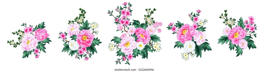 Set of beautiful floral bunches in Chinese style