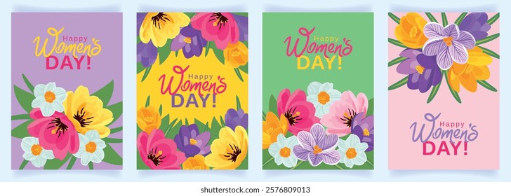 Set of beautiful floral elegant backgrounds for International Women's Day. Bright poster for March 8 with various compositions of spring blooming flowers. Postcard, invitation, flyer, banner