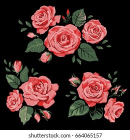 Set of beautiful floral elements for design. Isolated red roses on a black background.