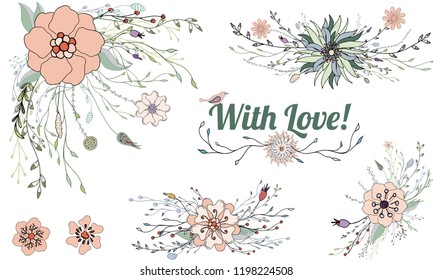 Set of Beautiful floral elements.  For Wedding, anniversary, birthday and party. Design for banner, poster, card, invitation and scrapbook. Vector handdrow illustration. 