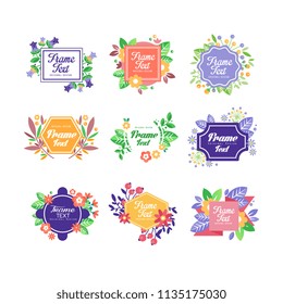 Set of beautiful floral frames with place for message. Save the date. Flat vector with blooming flowers for postcard or wedding invitation