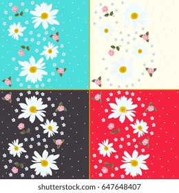 Set of beautiful floral patterns with daisies, roses and forget me not flowers. Vector template.