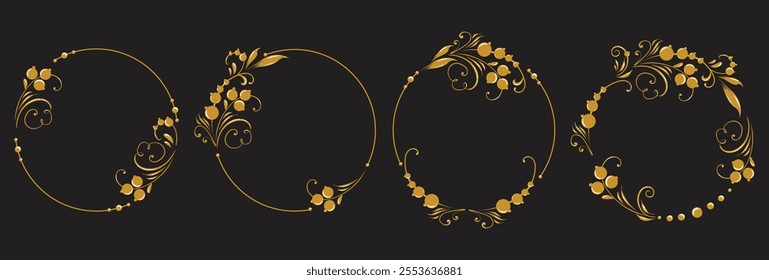 Set of Beautiful floral round frame with vignettes. Slavic old Russian patterns. Design of wedding invitations, anniversaries, congratulations. Vector isolated border.