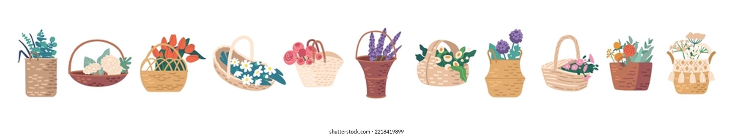 Set of Beautiful Flower Bouquets Icons, Blossom Presents and Gifts, Florist Design in Baskets. Elegant Decorative Compositions Isolated on White Background. Cartoon Vector Illustration