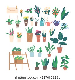 Set of Beautiful Flower Bouquets Icons, Blossom Presents and Gifts, Florist Design in Baskets Vector Illustration