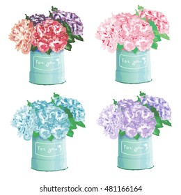 Set of beautiful flower in hat box vector hand drawn .Isolated element on white background. Imitation watercolor.