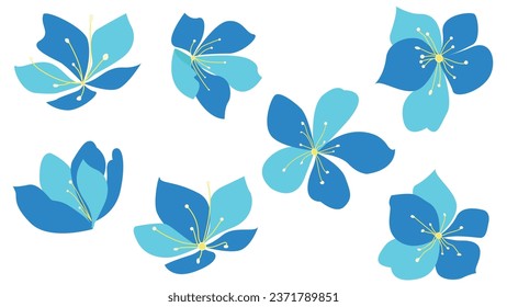 Eine Reihe schöner Blumen in Blau. Verschiedenes Aussehen süßer Blumen im flachen Stil. Grafikdesign-Elemente. Für Hochzeitskarten-Design.