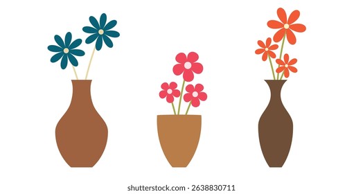 A set of beautiful flowers in clay vases. pots with various flowers. Isolated on a white background.