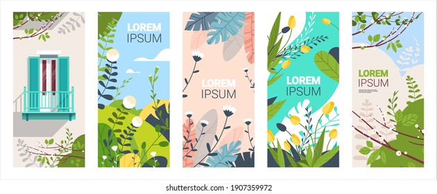 set beautiful flowers and leaves floral spring posters collection vertical greeting cards horizontal vector illustration