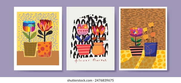 Conjunto de hermosas flores y plantas en macetas, jarrones de arte de línea dibujado a mano Ilustración vectorial. floral y naturaleza. Arte estético de la pared, estampados, tarjetas, cubierta, póster, diseño de la decoración.