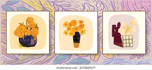 Conjunto de hermosas flores y plantas en macetas, jarrones de arte de línea dibujado a mano Ilustración vectorial. floral y naturaleza. Arte estético de la pared, estampados, tarjetas, cubierta, póster, diseño de la decoración.