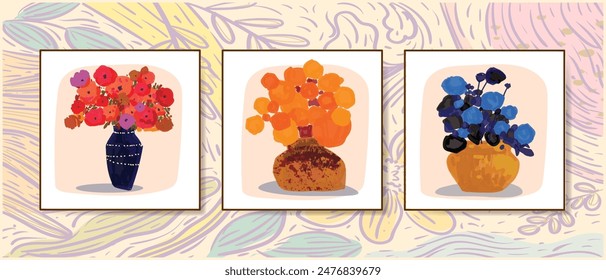 Conjunto de hermosas flores y plantas en macetas, jarrones de arte de línea dibujado a mano Ilustración vectorial. floral y naturaleza. Arte estético de la pared, estampados, tarjetas, cubierta, póster, diseño de la decoración.