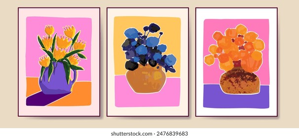 Set of beautiful flowers and plants  on pots, vases line art hand drawn vector illustration. floral and nature. Aesthetic wall art, prints, cards, cover, poster, decoration design.