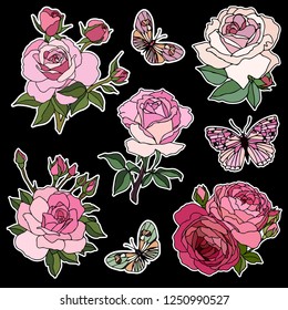 Set beautiful flowers roses. Vector illustration. Creative realistic drawing, tattoo. Vintage paintings, postcard, background, wallpaper. Interior decoration, textile. Flowers gift for favorite women