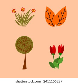 set of beautiful flowers and trees and cute flora for beauty, print digital cards
