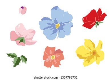 Set of beautiful flowers of violet, pink, yellow, red, coral color. Blooming dog roses with leaves, buds, isolated on white background. Floral design elements. Vector illustration.