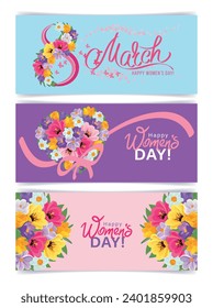 Set of beautiful flyers for women's day with number 8, flower heart, bouquet. 8 march floral backgrounds with spring tulips, crocuses, daffodils. Banner, flyer, advertising, invitation