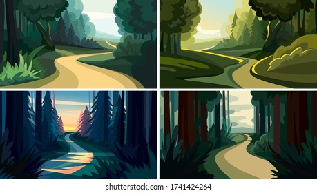 Set of beautiful forest landscapes. Natural sceneries in cartoon style.