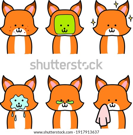 A set of beautiful foxes with a face mask and beauty treatments. Mask, eye patches, face cream, acne and other face problems. Vector. Isolated from the background
