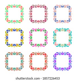 Set of beautiful frames with hearts. Multicolored vintage square frames on a white background. Great for invitations, flyers, menus, brochures, cards, wallpapers, decoration, etc.