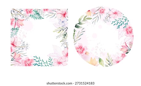 Um conjunto de belas molduras feitas de flores cor-de-água rosa. Mão desenhada. Não AI, ilustração vetorial.