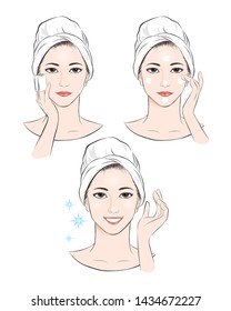 Set of Beautiful, fresh woman beauty face, skincare toner and cream on her face. vector illustration isolated hand drawn