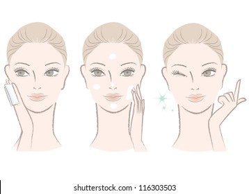 Set of Beautiful, fresh woman portrait,  Applying skincare toner and cream on her face. Winking with One finger.