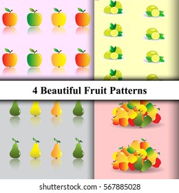 Set of Beautiful Fruit Patterns with Apples, Pears and Lemons. Vector Illustration
