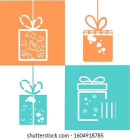 Set of Beautiful gift boxes on green, orange and white background. Muslim community festival Eid Mubarak with hanging gift boxes. Colorful Gifts for Muslim Celebration. Vector Illustration