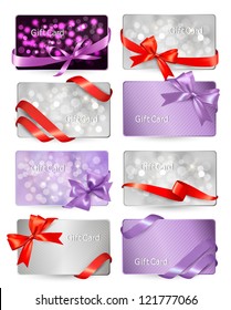 Set of beautiful Gift cards with gift bows with ribbons Vector illustration.