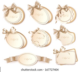 Set of beautiful gift cards with bows and ribbons Vector 