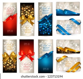 Set of beautiful Gift cards with color gift bows with ribbons.