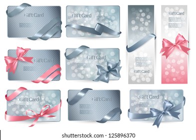 Set of beautiful Gift cards with color gift bows with ribbons.