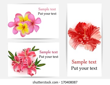 Set of beautiful gift cards with hibiscus, plumerias, and lilies, may be used for Women's Day 