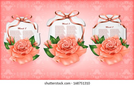 Set of beautiful gift cards with pastel roses and gift bows, may be used for Women's Day 