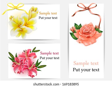 Set of beautiful gift cards with pastel roses, plumerias , lilies and gift bows, may be used for Women's Day 