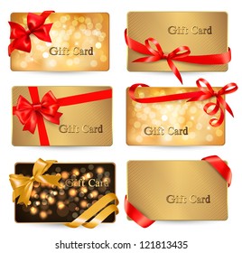 Conjunto de bellas tarjetas de regalo con arcos de regalo rojos con cintas ilustración vectorial.