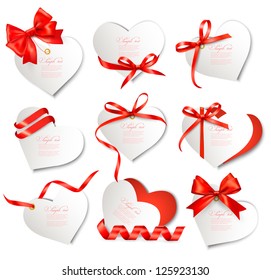 Set of beautiful gift cards with red gift bows and hearts. Valentine's day. Vector illustration.