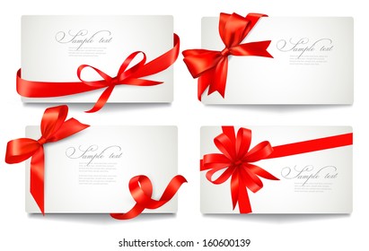 Set of beautiful gift cards with red gift bows with ribbons Vector 