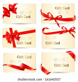 Set of beautiful gift cards with red gift bows with ribbons Vector 