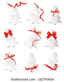 Juego de bellas tarjetas de regalo con arcos de regalo rojos con cintas Vector 