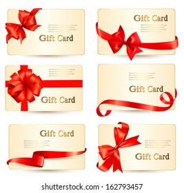 Juego de bellas tarjetas de regalo con arcos de regalo rojos con cintas Vector 