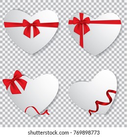 Set of beautiful gift cards with red gift bows and hearts. Valentine's day. Vector illustration.
