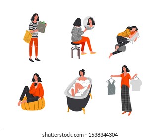 Set of beautiful girl character in daily life scenes. Young woman shopping, makes up, sleeping, relaxes, takes a bath, chooses clothes, drinking coffee. Flat cartoon vector illustration