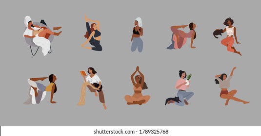 Set of beautiful girl character in daily life scenes. Young woman shopping, makes up, sleeping, relaxes, takes a bath, chooses clothes, drinking coffee. Flat cartoon vector illustration