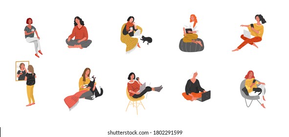 Set of beautiful girl character in daily life scenes. Young woman shopping, makes up, sleeping, relaxes, takes a bath, chooses clothes, drinking coffee. Flat cartoon vector illustration