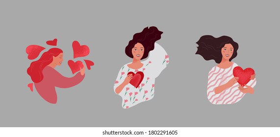 Set of beautiful girl character in daily life scenes. Young woman shopping, makes up, sleeping, relaxes, takes a bath, chooses clothes, drinking coffee. Flat cartoon vector illustration