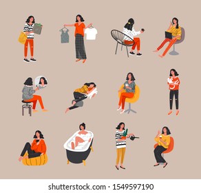 Set of beautiful girl in daily life scenes. Young woman shopping, makes up, sleeping, relaxes, takes bath, chooses clothes, playing with cat, working, watering flower. Flat cartoon vector illustration