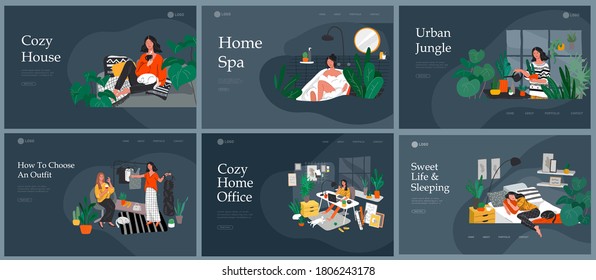 Set of beautiful girl in daily life scenes. Young woman shopping, makes up, sleeping, relaxes, takes bath, chooses clothes, playing with cat, working, watering flower. Flat cartoon vector illustration