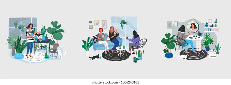 Set of beautiful girl in daily life scenes. Young woman shopping, makes up, sleeping, relaxes, takes bath, chooses clothes, playing with cat, working, watering flower. Flat cartoon vector illustration